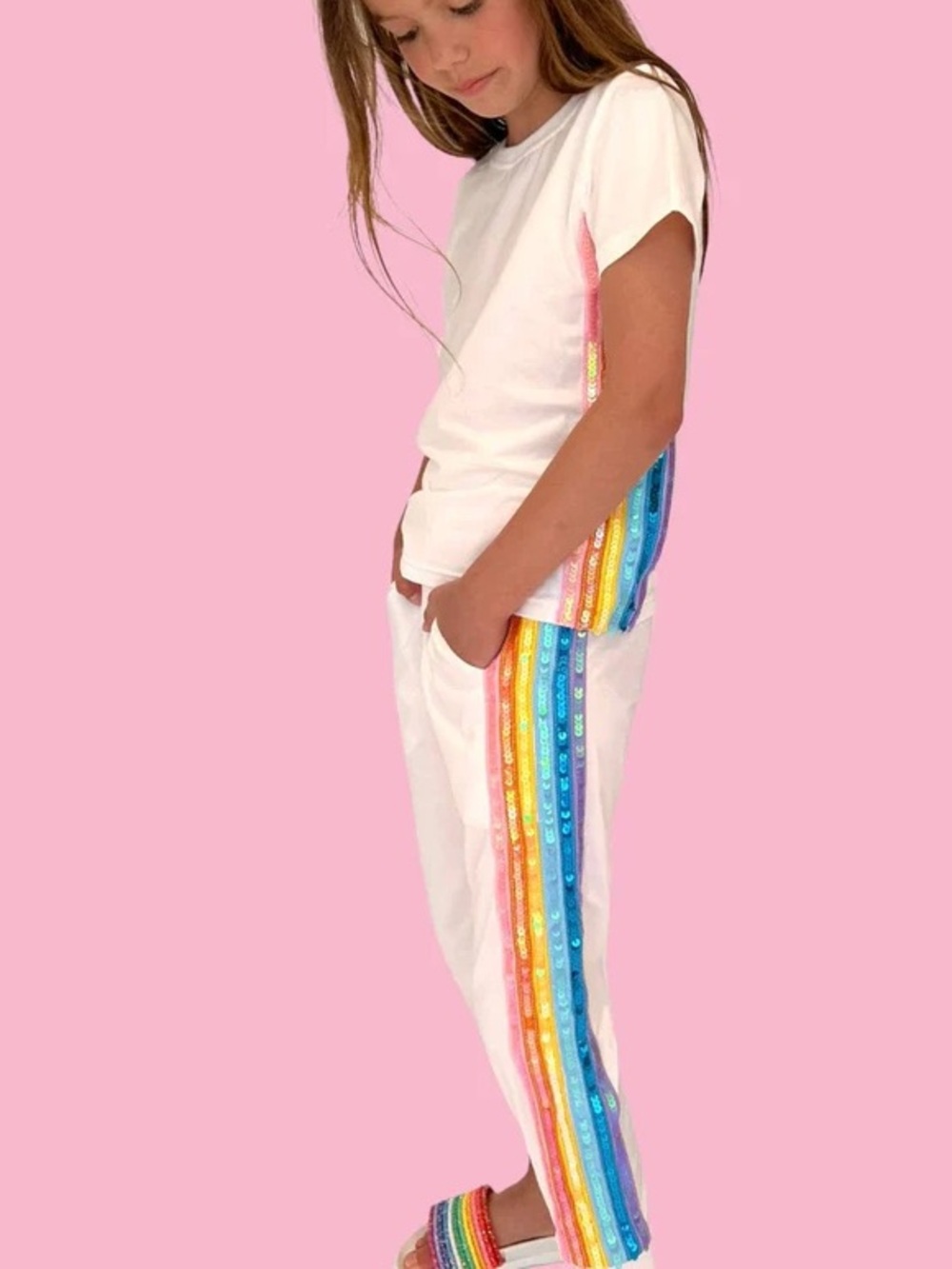 Lola & The Boys Rainbow Sequin Joggers in White